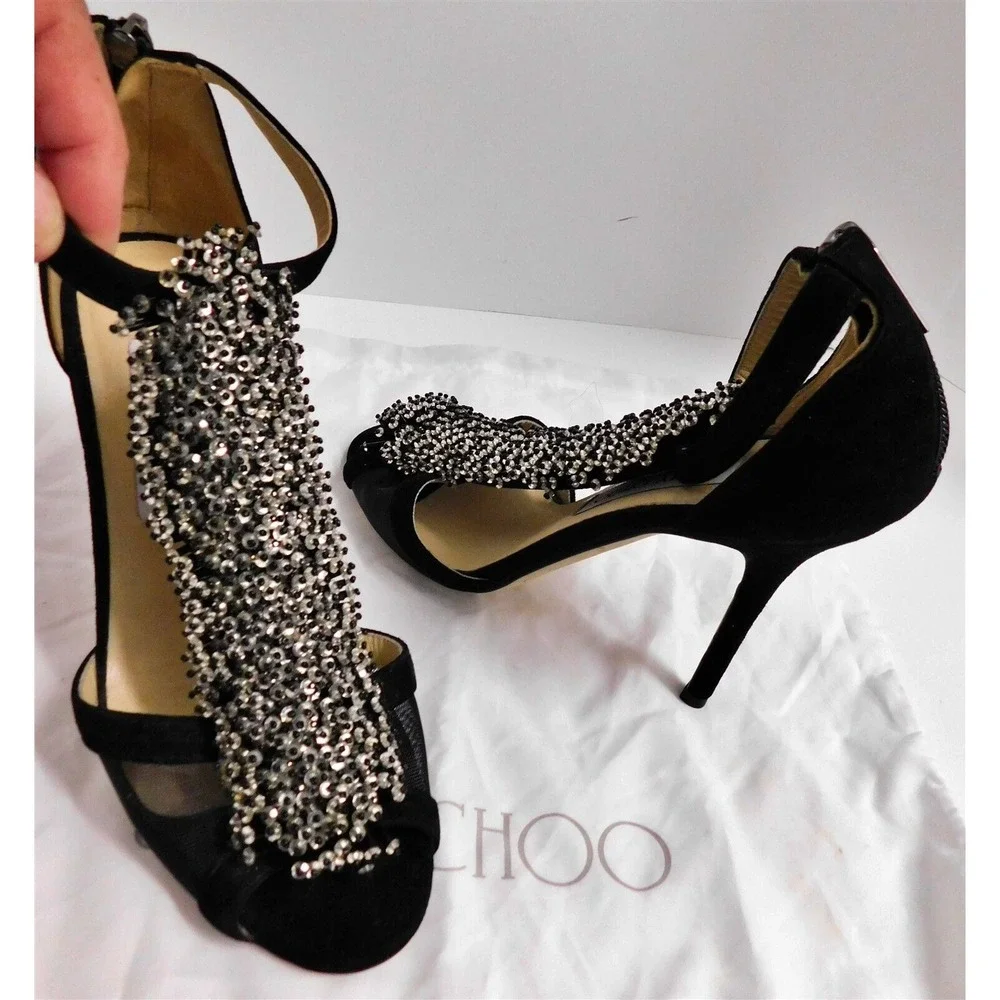 Jimmy Choo Feline $1295 Black Suede Leather Beaded Open Toe Pumps Heels Italy 37